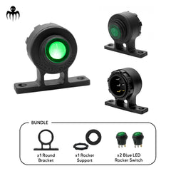 Green LED 12V rocker switch with IP65 waterproof round bracket, marine boat switch for dashboard or remote panel mounting, upright or upside down use