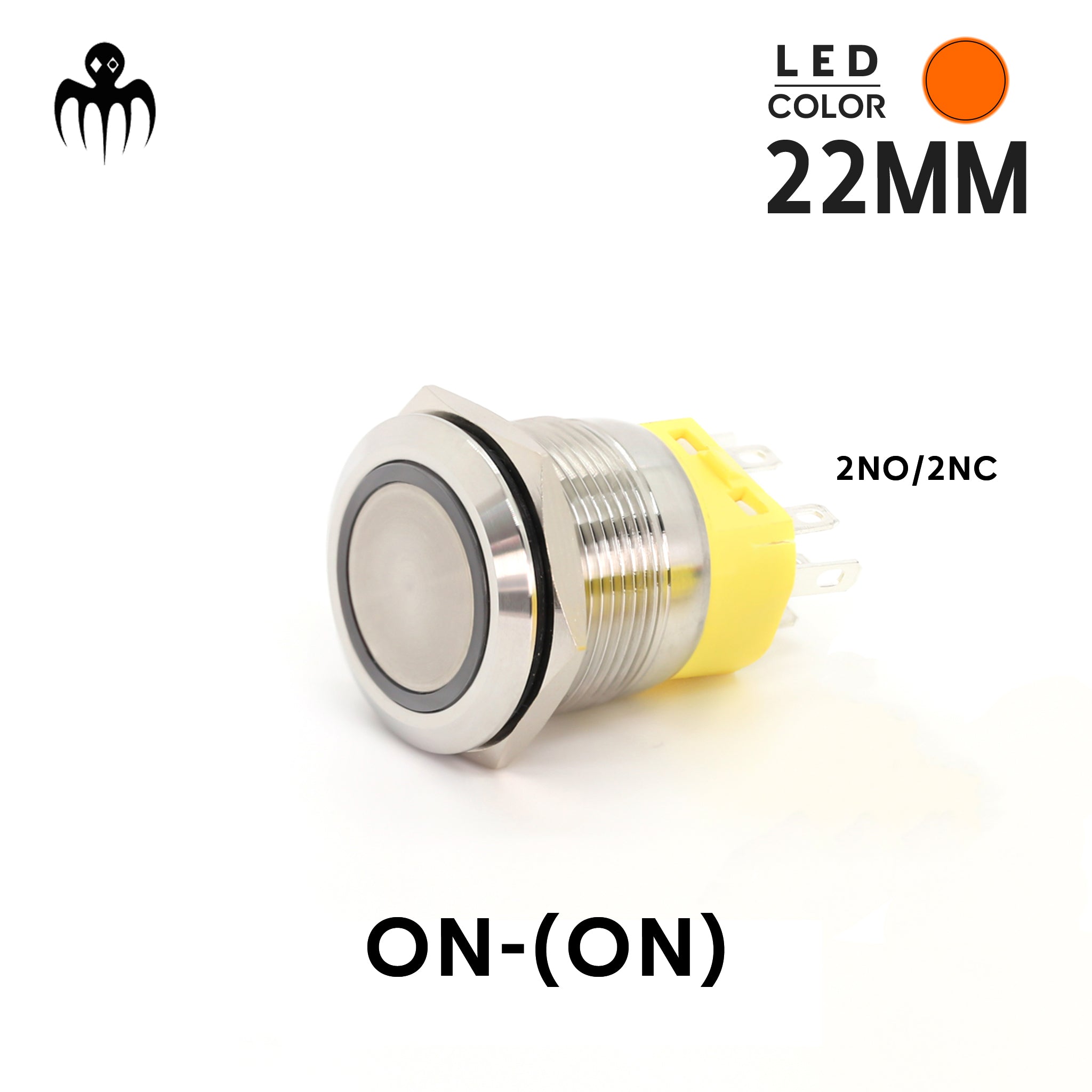 A 22mm stainless steel override push button switch with an amber LED and an IP67 waterproof rating.