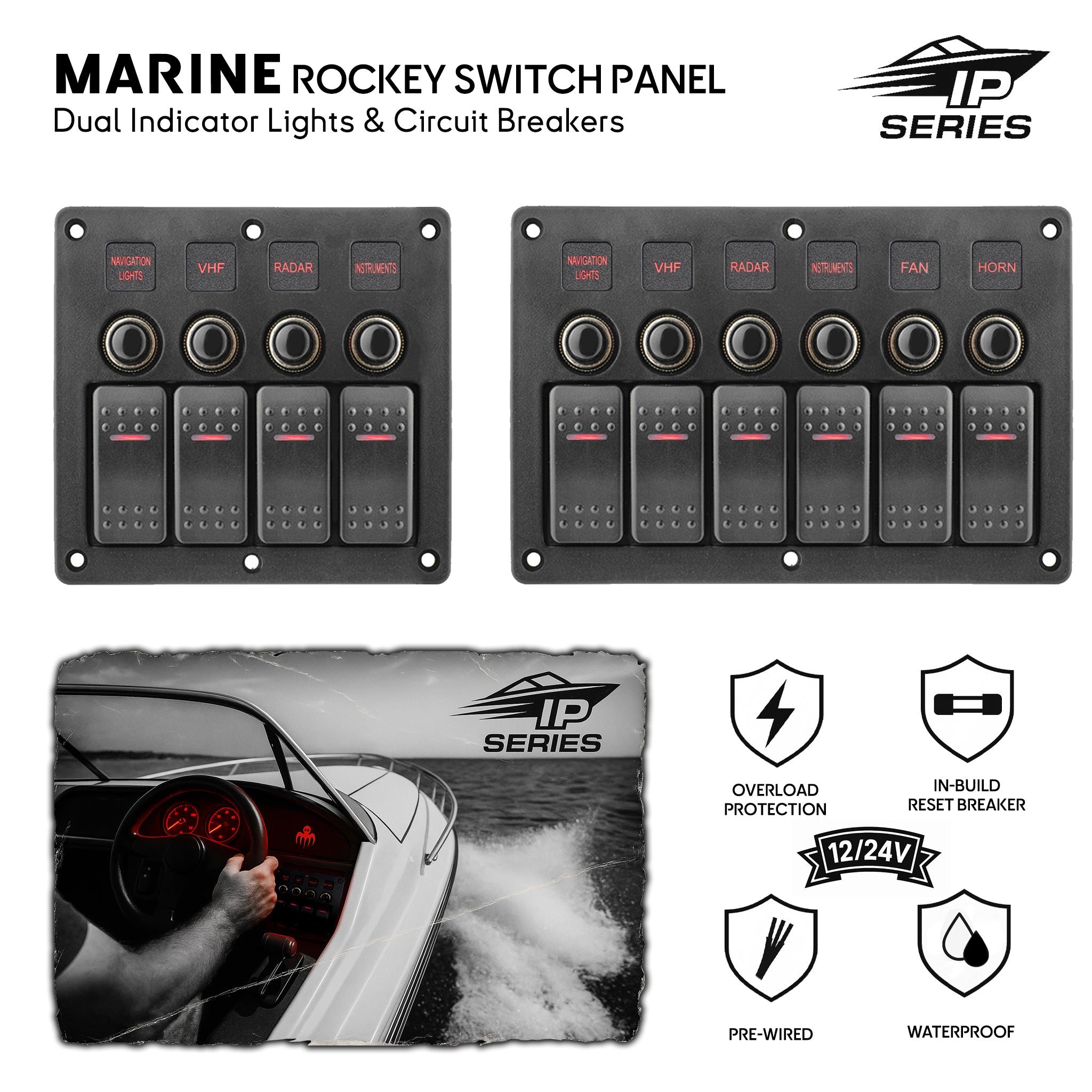 Marine IPseries panels available in 4 and 6 gang configurations, featuring LED indicators, built-in circuit breakers, waterproof design, and pre-wired for boats. baywatt