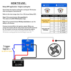 ATR1224 how to use an adjustable timer relay: wire an engine cooling fan and set a 10-minute Delay OFF after engine stop