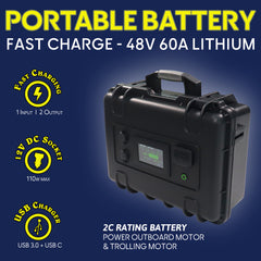 High Performance Outboard battery 2c rating fast discharge and chage marine grade 48v60a Ternary lithium SEAWATT battery with 2 output usb socket and 12v dc socket compatible trolling motor and outboard motor marine saltwater blue water with bms led indicator portable battery with circuit breaker Baywatt