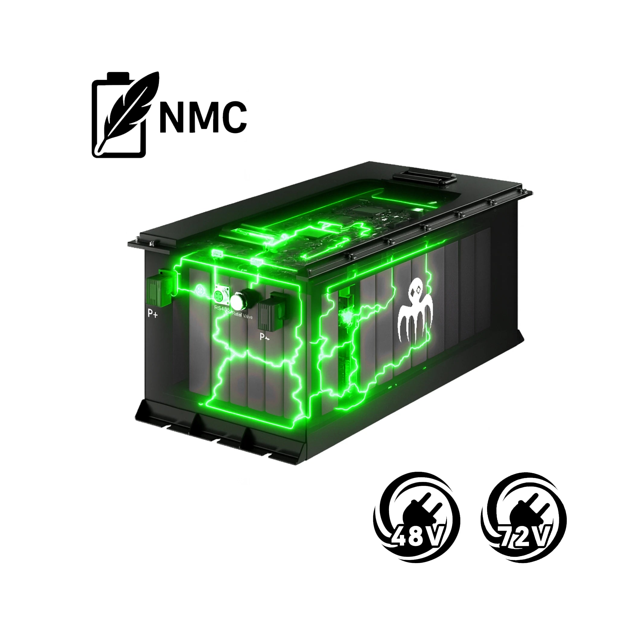 48V and 72V Baywatt electric outboard batteries with charger, monitor, and Bluetooth BMS for marine applications.