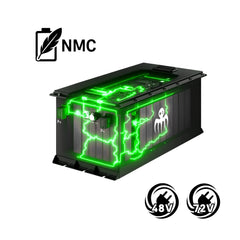 48V and 72V Baywatt electric outboard batteries with charger, monitor, and Bluetooth BMS for marine applications.