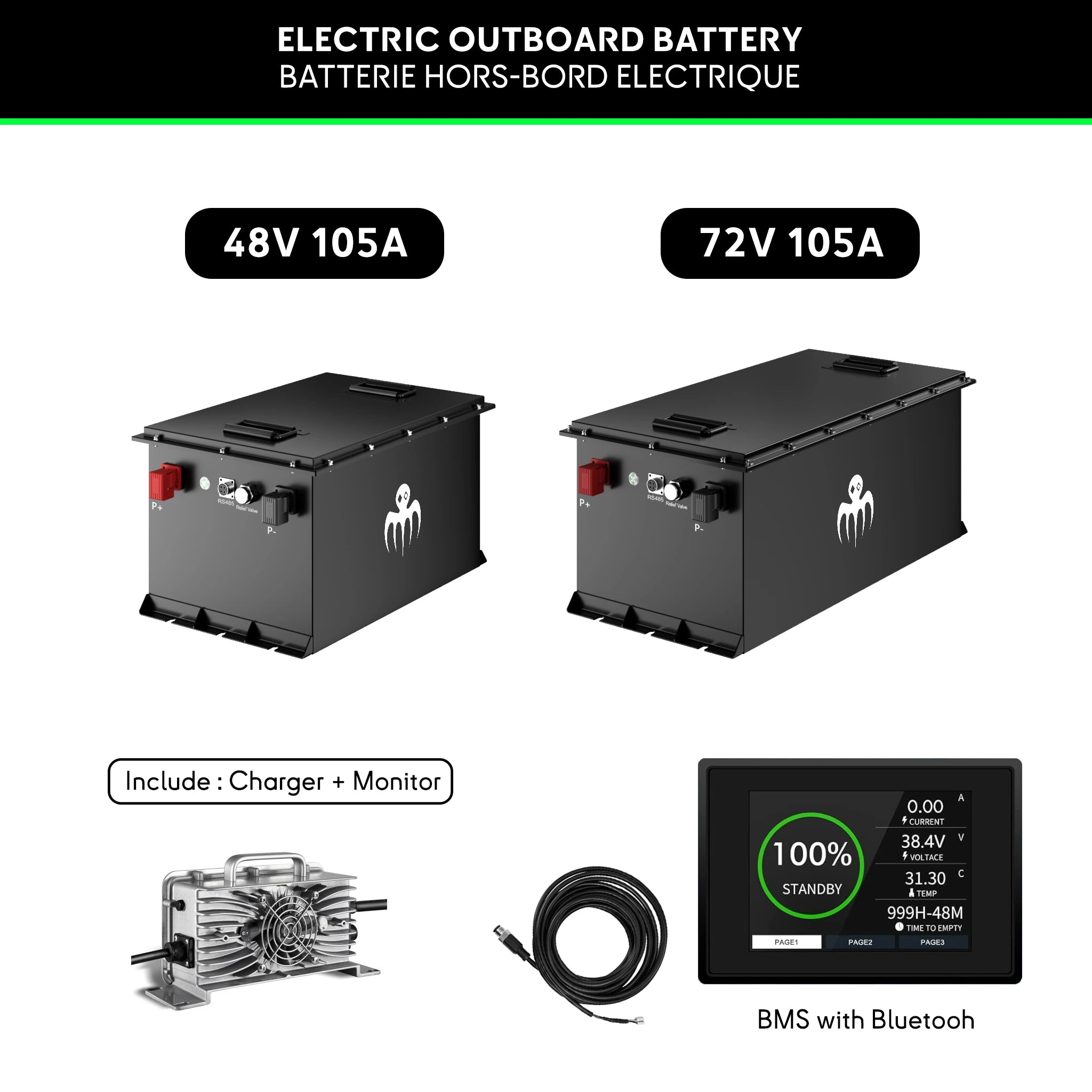 Batteries hors-bord électriques 48V et 72V avec chargeur, moniteur et BMS Bluetooth pour bateaux, semi-rigide, annexe.