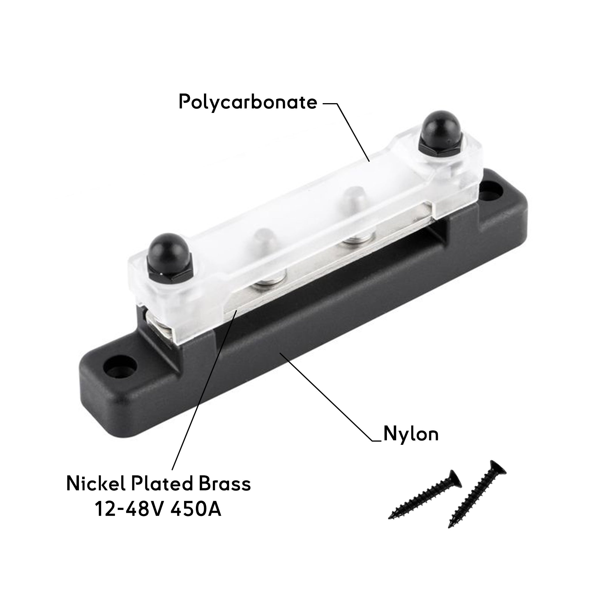Baywatt High-Amp Marine Bus Bar - 4 M8 Studs (Black) - Organizes & Distributes Boat Power Barrette de distribution marine haute intensité Baywatt - 4 goujons M8 (noir) - Organise et distribue l'alimentation du bateau