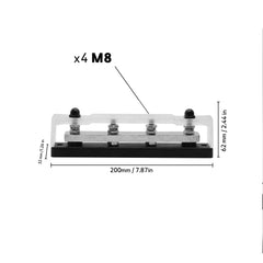Nickel-plated brass marine bus bar for boat power distribution, 4 M8 studs, 450A, black insulated base