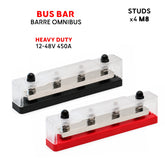 Borniers de distribution marine BAYWATT 450 A rouge et noir, avec quatre goujons M8 et capots transparents en polycarbonate