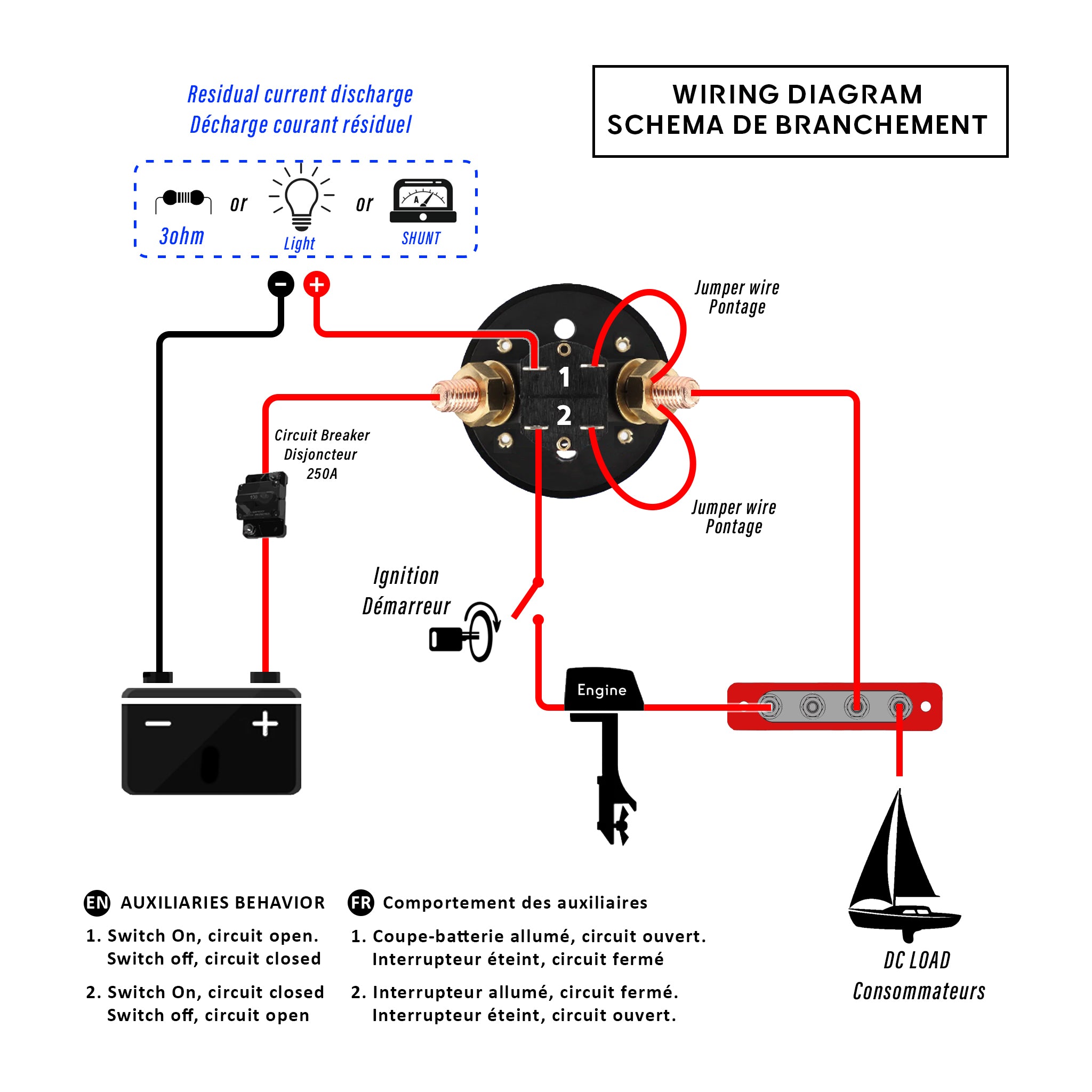 BAYWATT Marine Wiring Diagram - Battery Isolator Switch (12V 200A) Prevents Residual Drain (Schéma de câblage - Coupe-batterie empêche la décharge résiduelle) Schéma de câblage - Coupe-batterie 12V 200A - Empêche la décharge résiduelle (Wiring Diagram - Battery Isolator Switch Prevents Residual Drain).