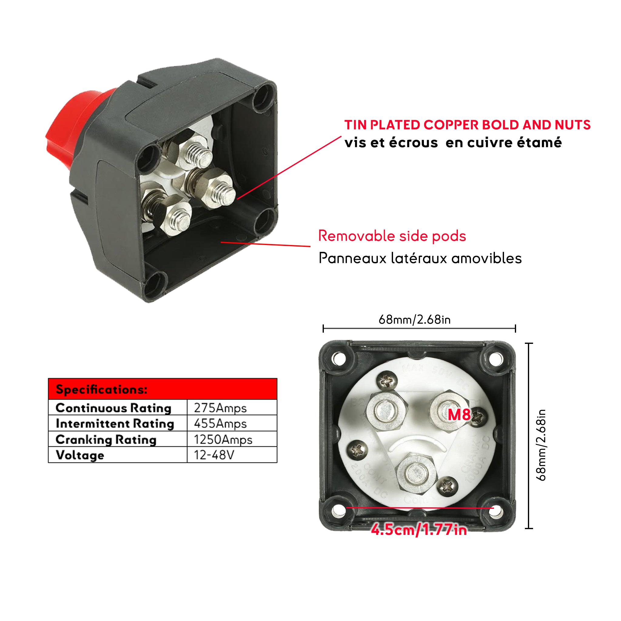 Marine Battery Switch 1-2-Both-Off with ABS Plastic Housing and Tinned Copper Bolts and Nuts for Reliable Performance on Boats Baywatt