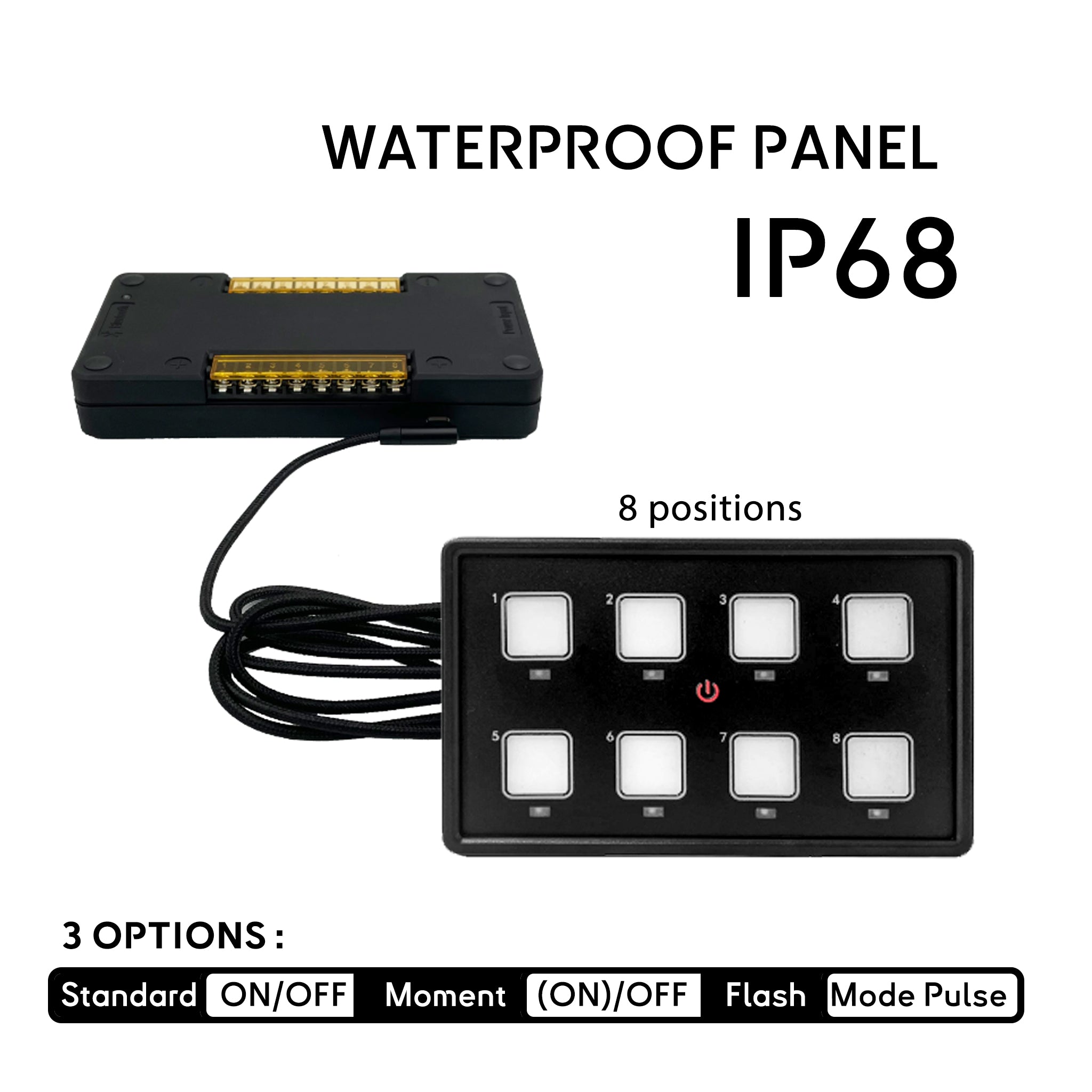 Panneau de commande bluetooth pour bateau BAYWATT etanche IP68 8 positions avec fonction On/Off et (on)/off momentane. Retro-eclairage Led bleu et blanc anti-eblouissment navigation de nuit