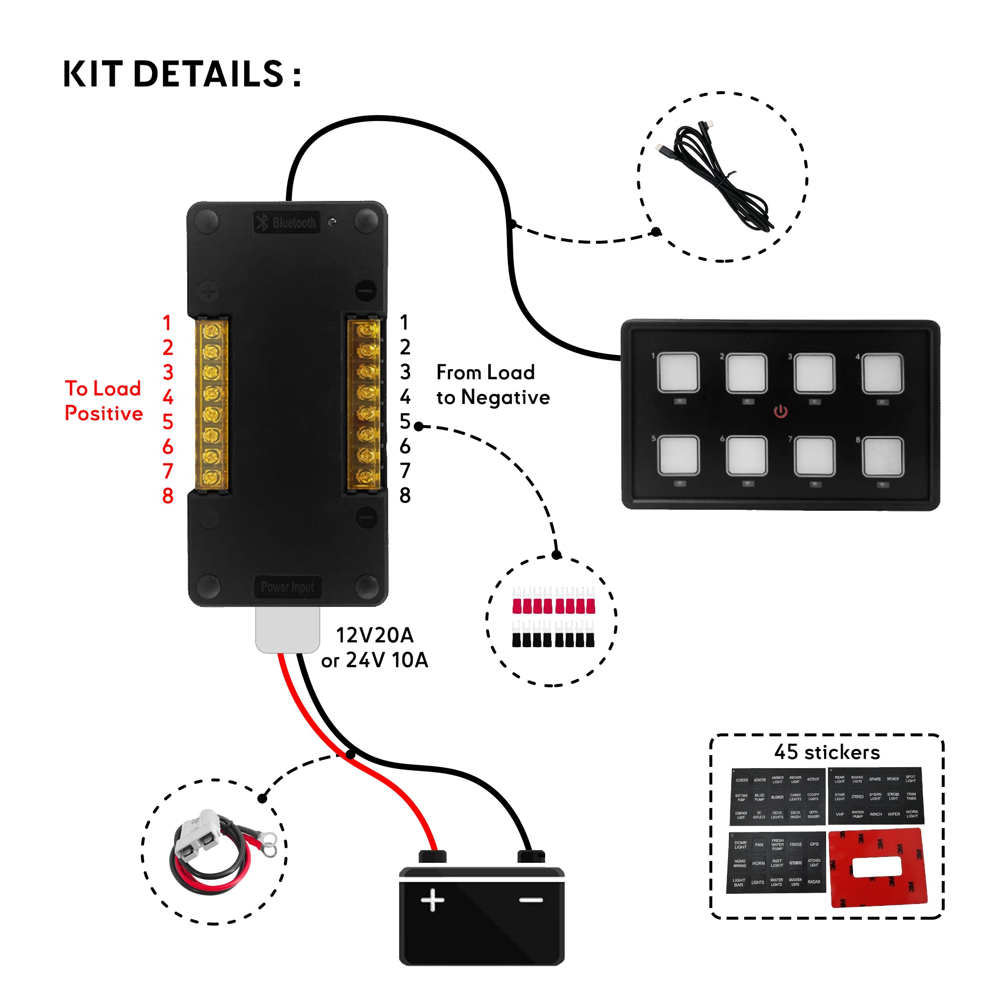 Schema de branchement BAYWATT pour Panneau bluetooth - wiring diagram Seawatt for bluetooth panel BSC1260 - with 45 stickers, wiring and connectors
