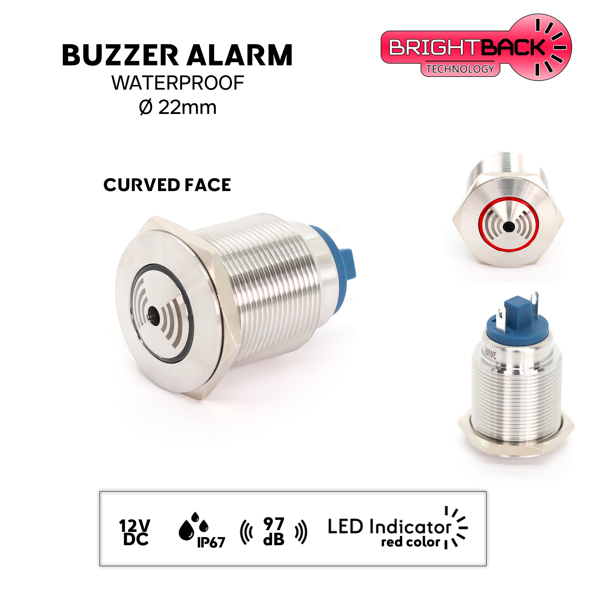 Alarm sonore 12/24V, 97db, avec indicateur lumineux led.