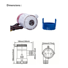 Pompe de cale 12V 1100GPH pour bateau Baywatt marine 4000 litre / heure plan technique