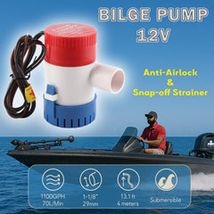 Bilge Pump 12V 1100gph submersible with 29mm anti-airlock and anti-clog with snap-off strainer easy maintenance