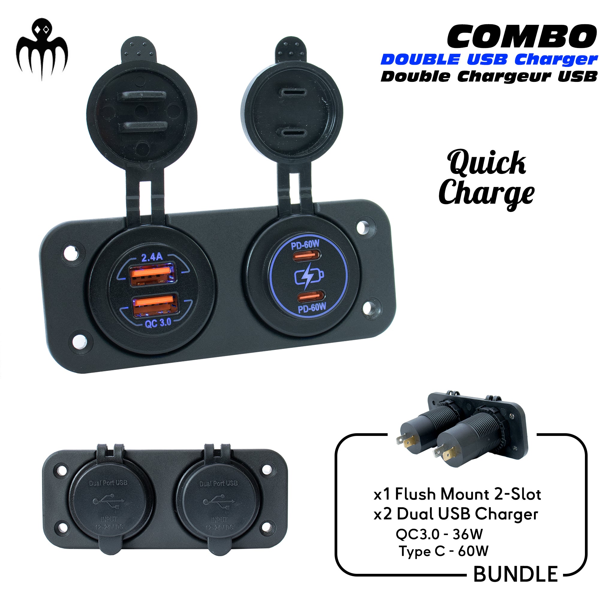 Marine USB Charger Bundle with Flush Mount and Dual USB Ports – QC3.0 & PD 4.0