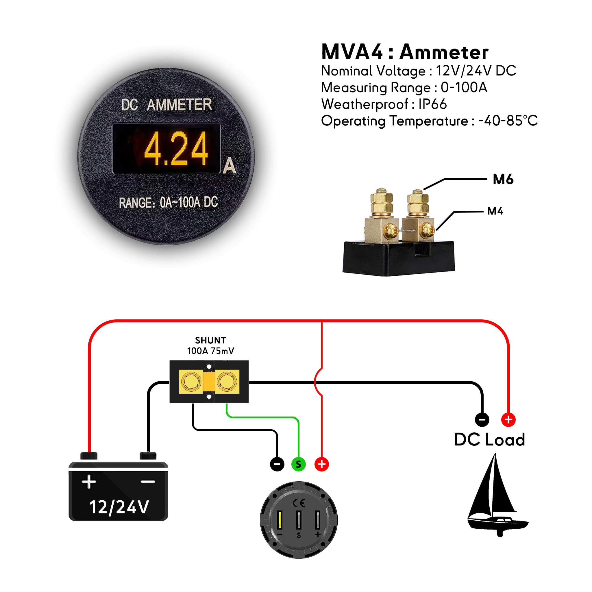 Ammeter boat wiring instruction with shunt diagram by Baywatt.com