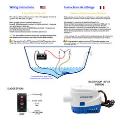 Pompe de cale automatique 12V bateau schema de branchement illustre avec interrupteur 3 voies ON-OFF-MOM