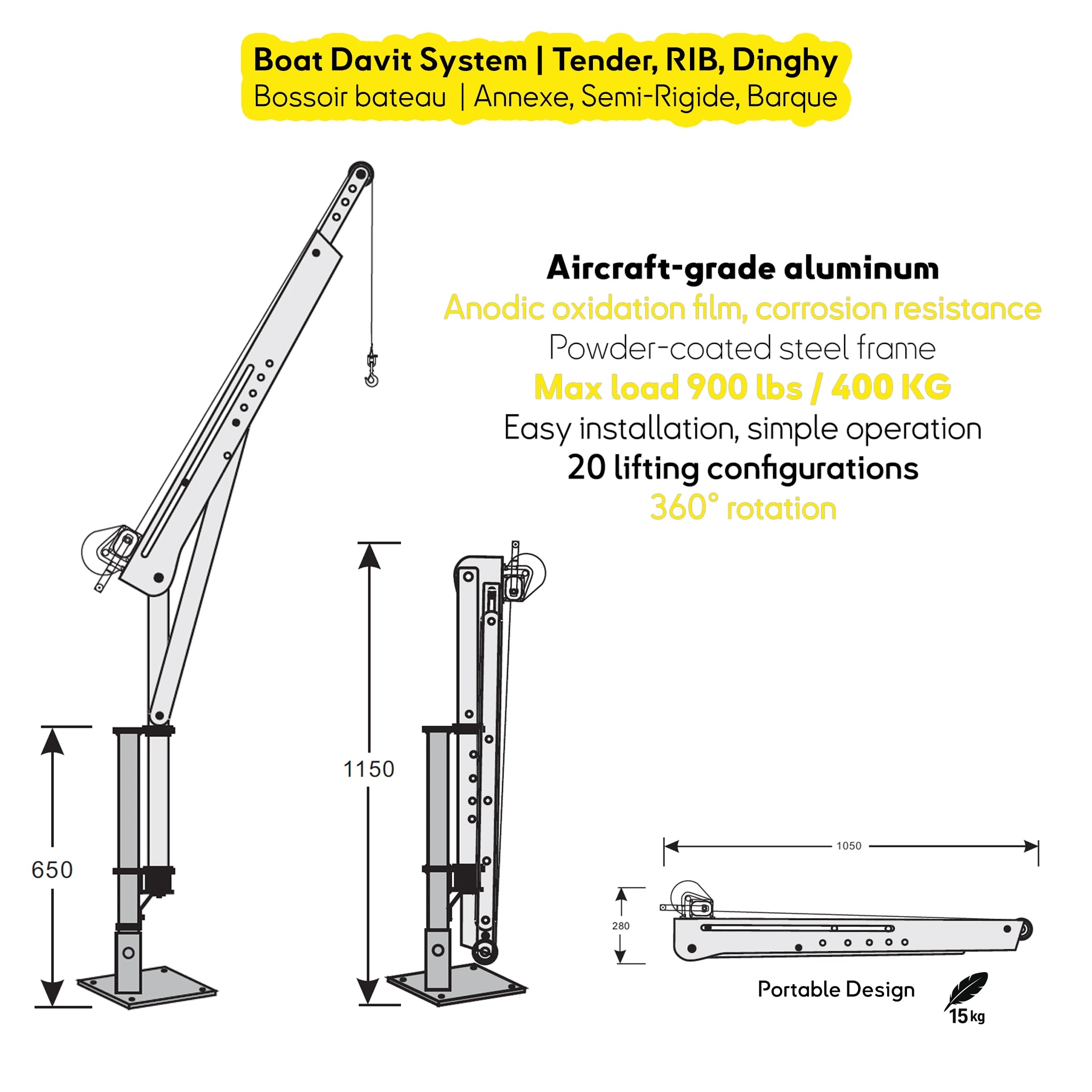 Lightweight aluminum boat davit crane lifting tender or RIB, 400 kg capacity, ideal for marinas and yacht decks