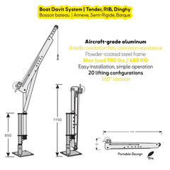Lightweight aluminum boat davit crane lifting tender or RIB, 400 kg capacity, ideal for marinas and yacht decks