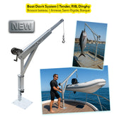 Portable marine davit crane for fishing and tender hoisting, showing tuna lift and deck installation on yacht