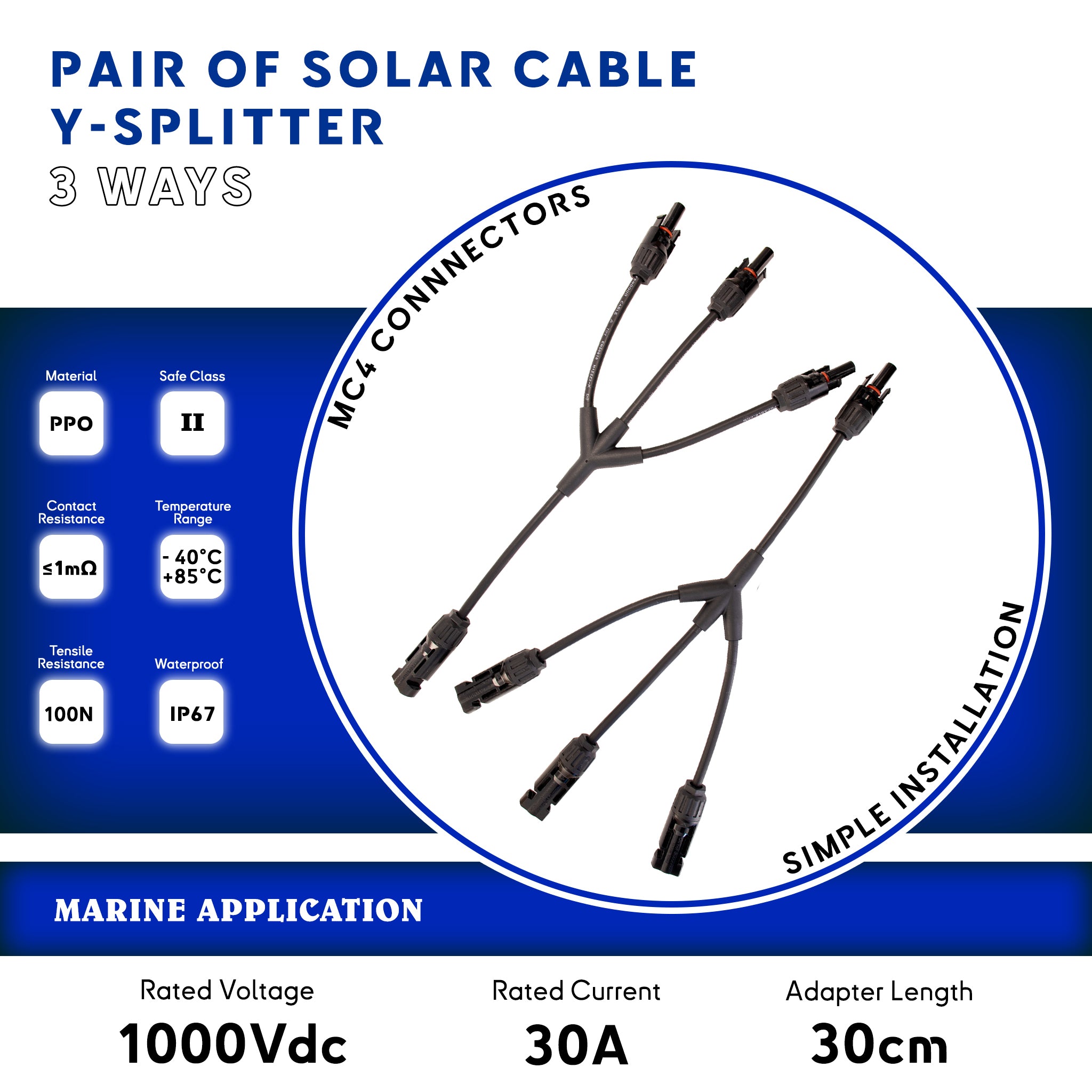 Câble de jonction Y solaire 3 voies avec connecteurs MC4 pour installations marines - 1000Vdc, 30A, IP67 ref PVC3Y Baywatt