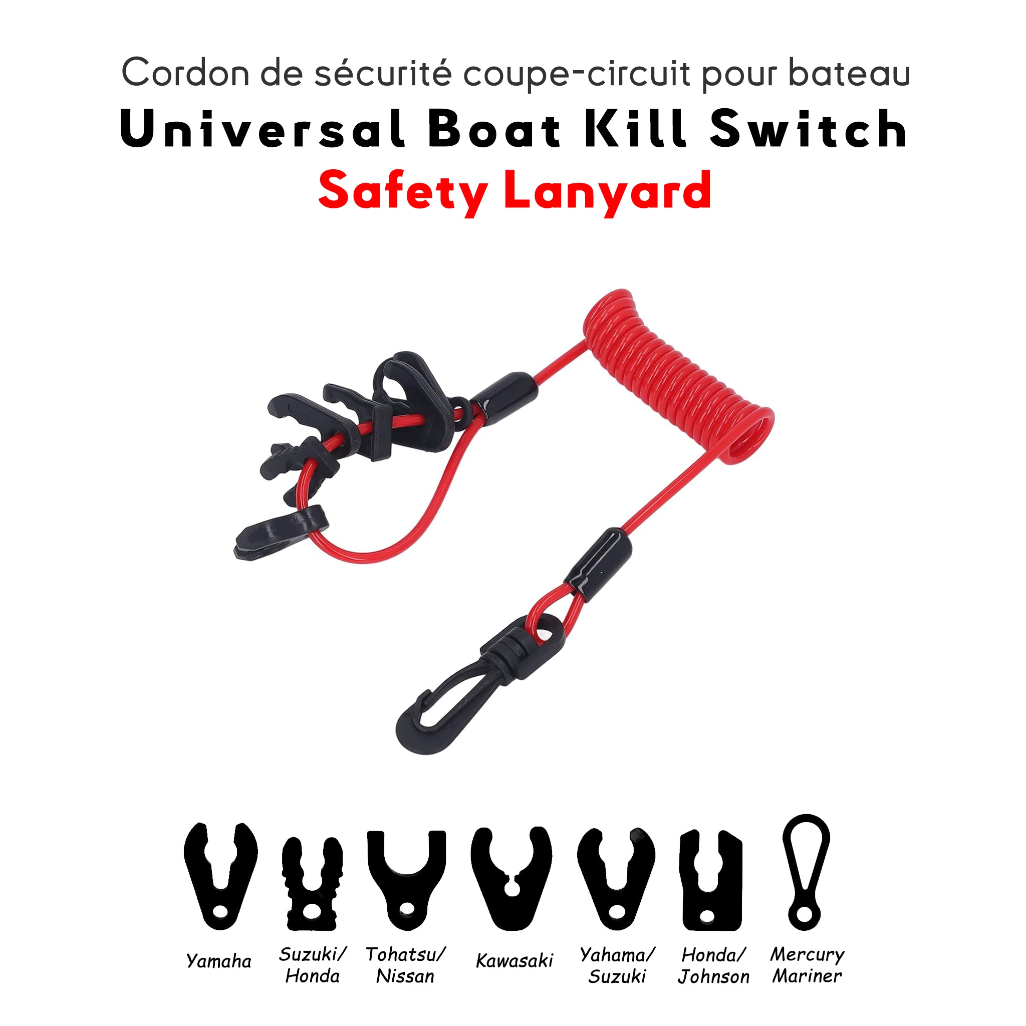 Cordon de securite coupe-circuit universel pour bateau (11 clés) - Compatible avec Johnson, Evinrude, Mercury, Yamaha, Nissan, Suzuki, Honda Cordon spirale bateau rouge enroulé avec mousqueton pivotant pour coupe-circuit de bateau. Comprend 7clés pour différentes marques de moteurs Baywatt