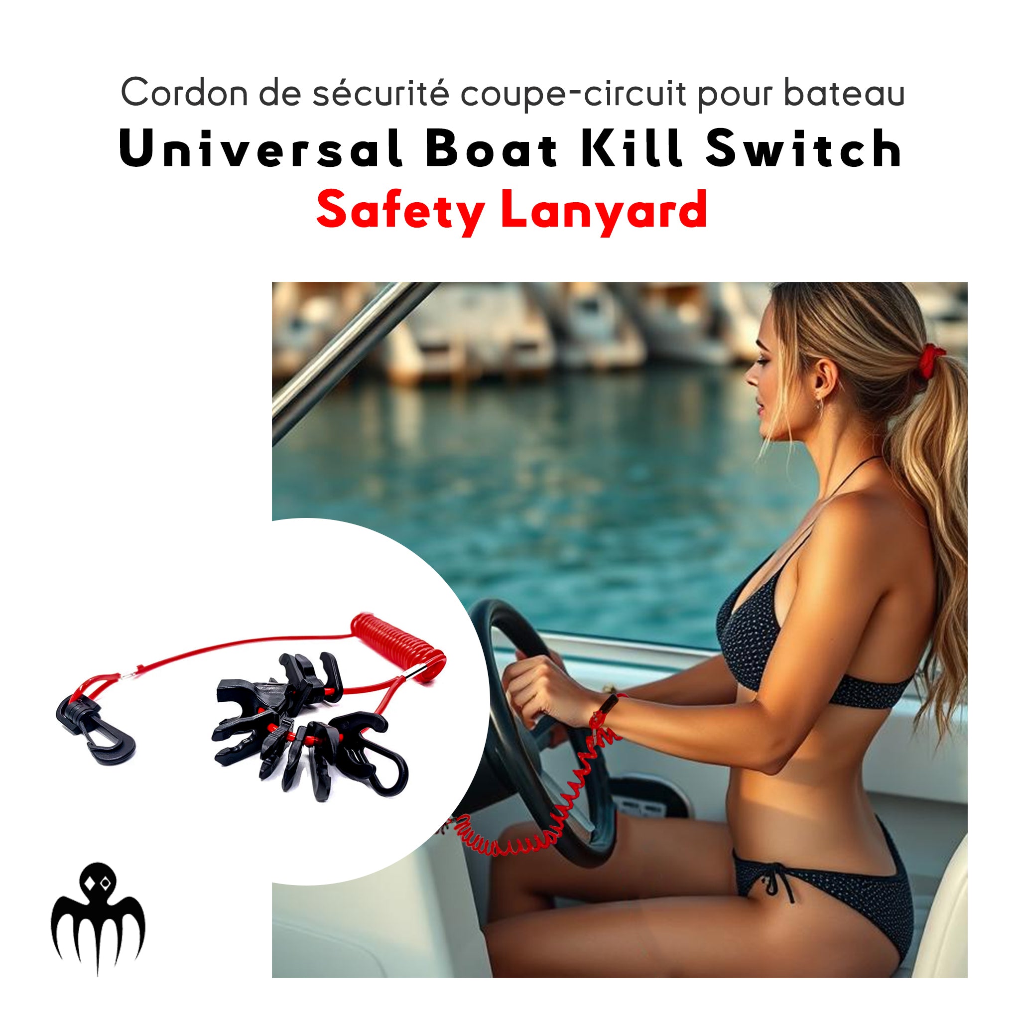 Cordon coupe-circuit universel pour moteur de bateau, spiralé rouge avec attaches pour coupe-contact Article 240-2.01