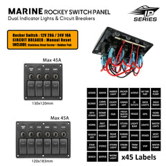 Customizable marine switch panels in 4 and 6 gang options, including labels, overload protection, and waterproof design for enhanced boat safety and functionality.