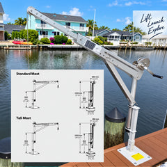 A silver metal boat lift with a hand crank and telescopic arm shown on a dock, with a waterfront house scene in the background. An inset diagram compares standard mast and tall mast configurations with labeled dimensions.