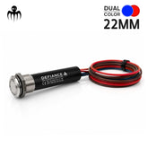 DEFIANCE solid-state marine push button switch with SS316 front, IP68 sealing, blue/red LED ring and 90 cm pigtail wire for custom boat panels.