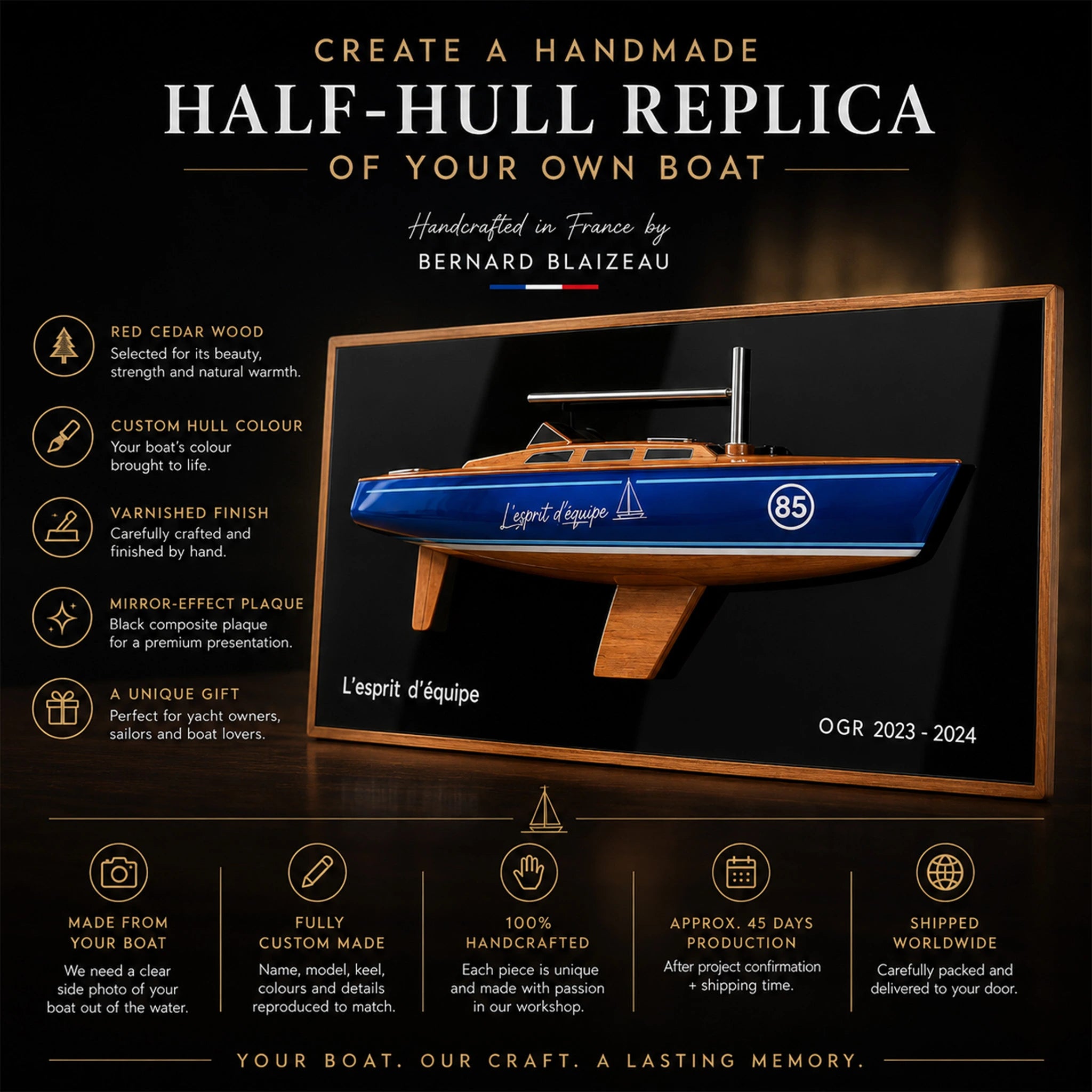 Handmade half-hull boat replica crafted in red cedar with custom hull colour and mirror-effect plaque.