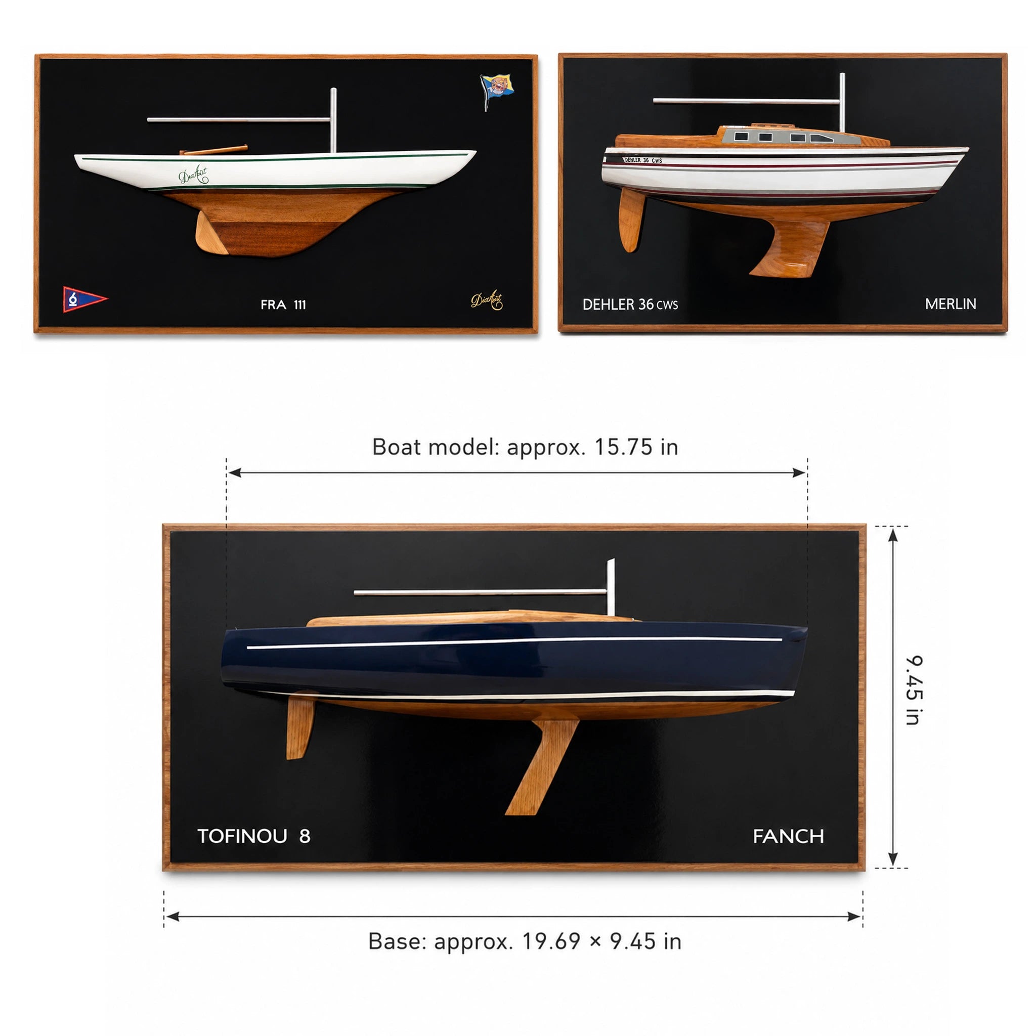 Bespoke wooden half-hull sailboat model, approx. 15.75 in, mounted on a 19.69 x 9.45 in plaque