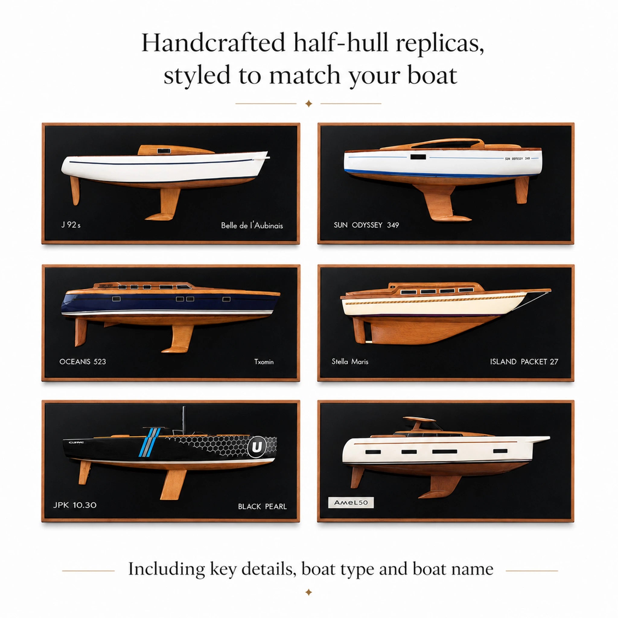 Custom wooden half-hull model checklist with boat name, type, model, hull, keel, rudder and coachroof details.