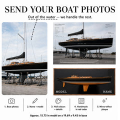 Send your boat photos to commission a custom handmade half-hull replica, crafted from wood and shipped worldwide.