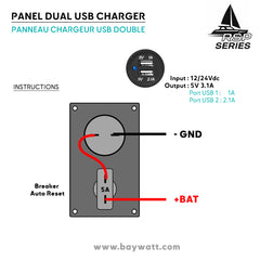 Schéma de montage panneau USB bateau – double port 5V avec disjoncteur 5A intégré Baywatt