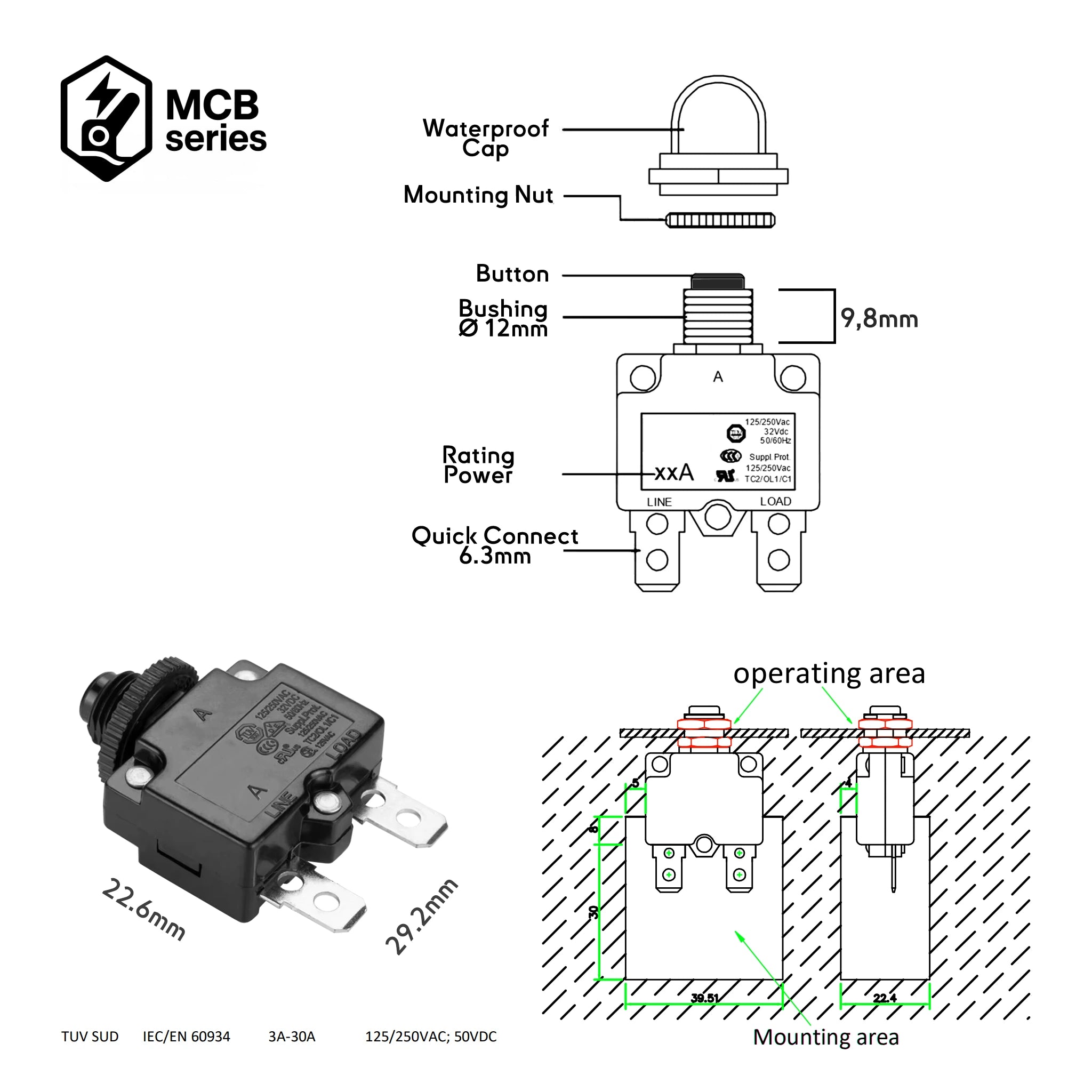 Disjoncteur thermique 5A étanche IP67 pour bateau, unipolaire et réarmable, pour panneau électrique bateau.