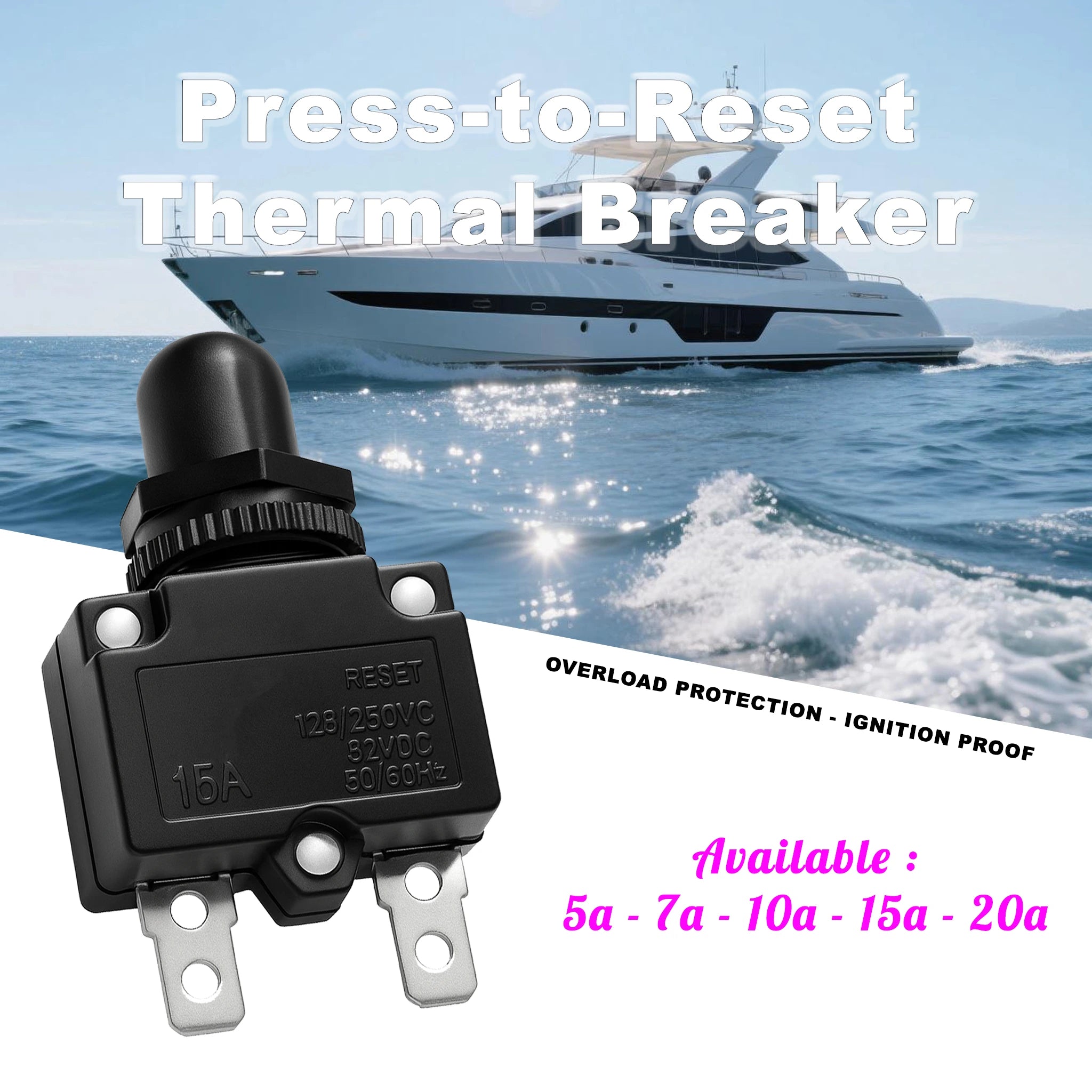 Gamme de disjoncteurs thermiques marins unipolaires réarmables (5A à 20A) avec capot étanche IP67 pour tableau électrique de bateau.