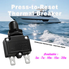 Gamme de disjoncteurs thermiques marins unipolaires réarmables (5A à 20A) avec capot étanche IP67 pour tableau électrique de bateau.