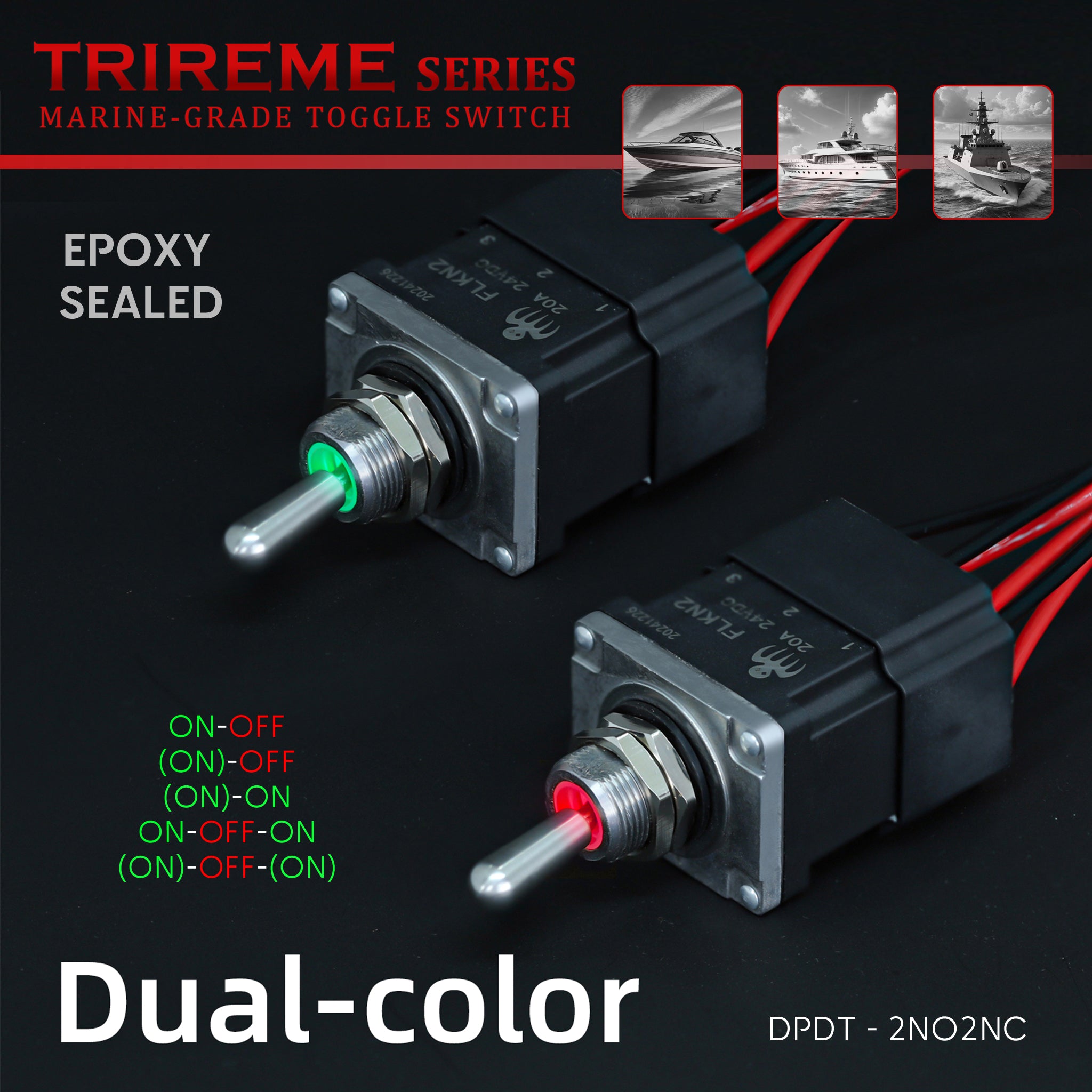 Toggle switch exoxy sealed marine-grade with dual color backlit led IP67