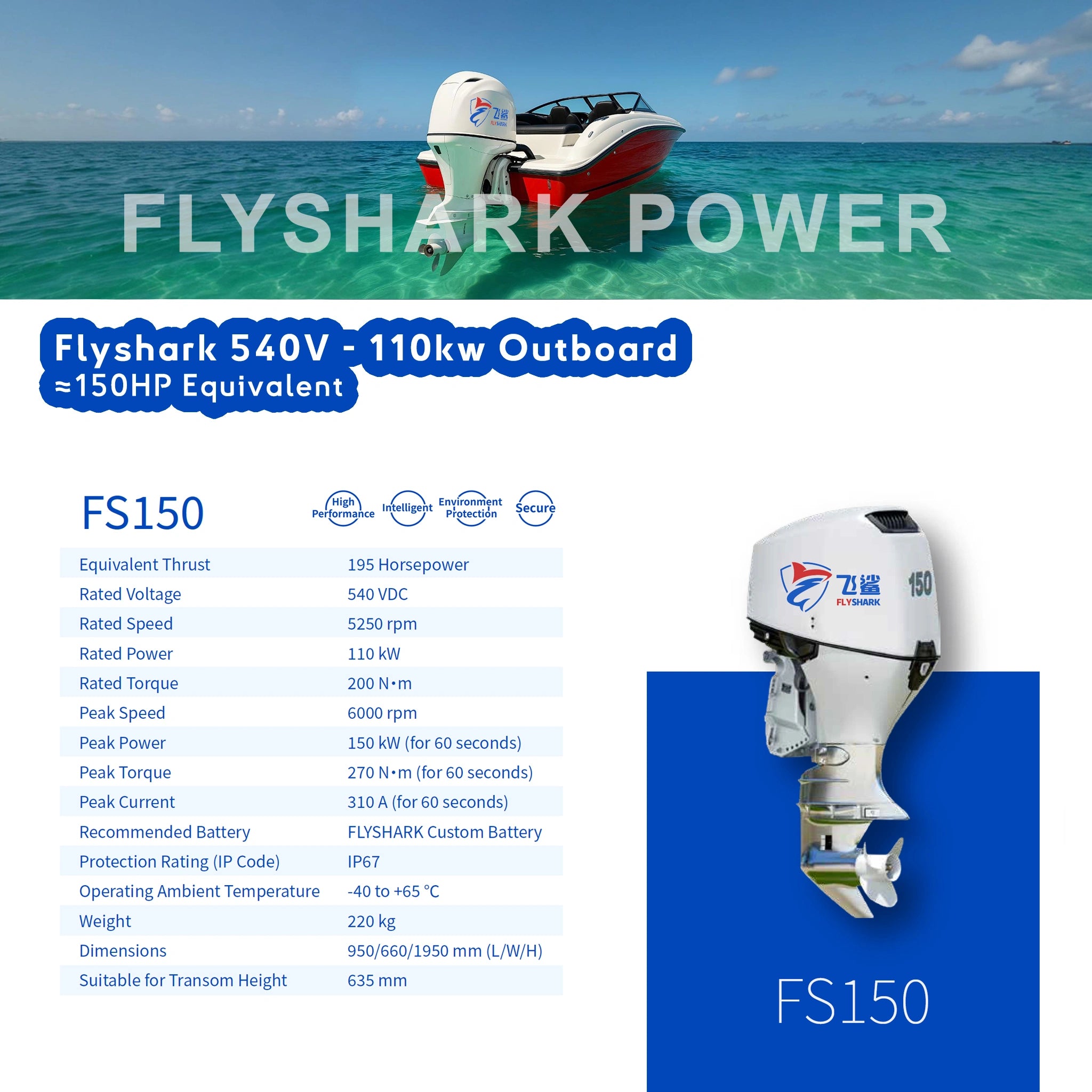 Moteur hors-bord électrique 110 kW 540V (≈150 ch) / couple élevé, longue autonomie et haut rendement / commande autonome en option.