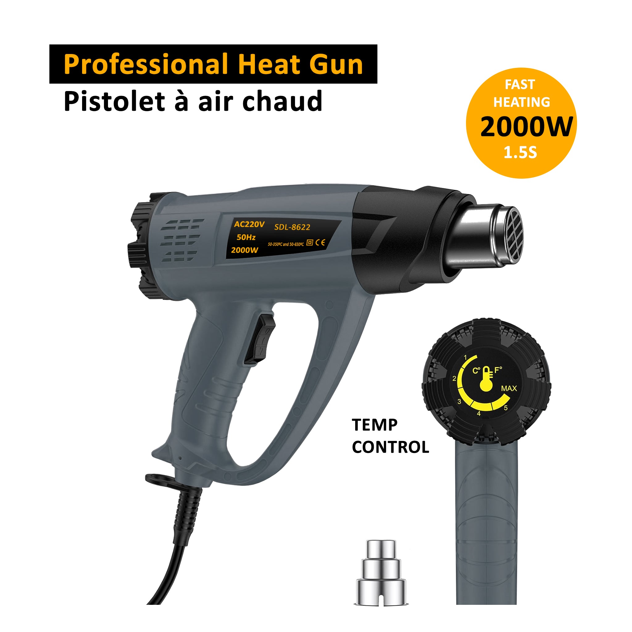 Pistolet a air chaud professionnel avec controle de temperature. Baywatt.com