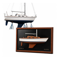 Custom wooden half-hull replica made from your own boat photos, handcrafted as a premium sailing gift.
