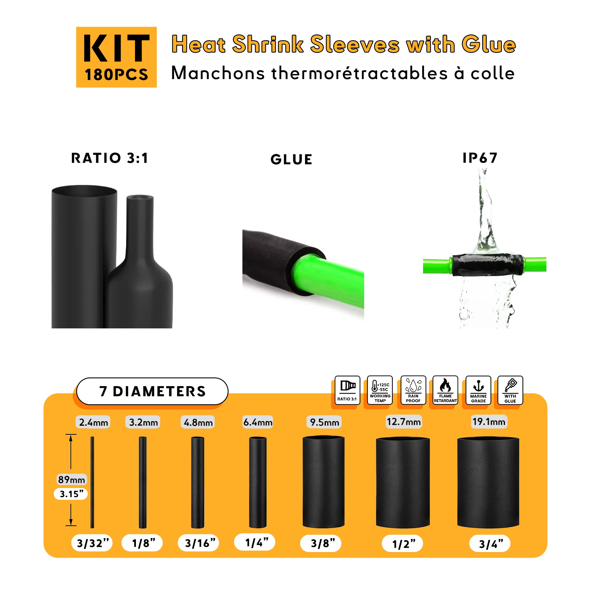 Vue détaillée des gaines thermorétractables KSTG180 avec un ratio de rétrécissement de 3:1, doublure adhésive pour une étanchéité étanche, et 7 options de tailles Detailed view of KSTG180 heat shrink sleeves with 3:1 shrink ratio, glue lining for waterproof sealing, and 7 size options Baywatt