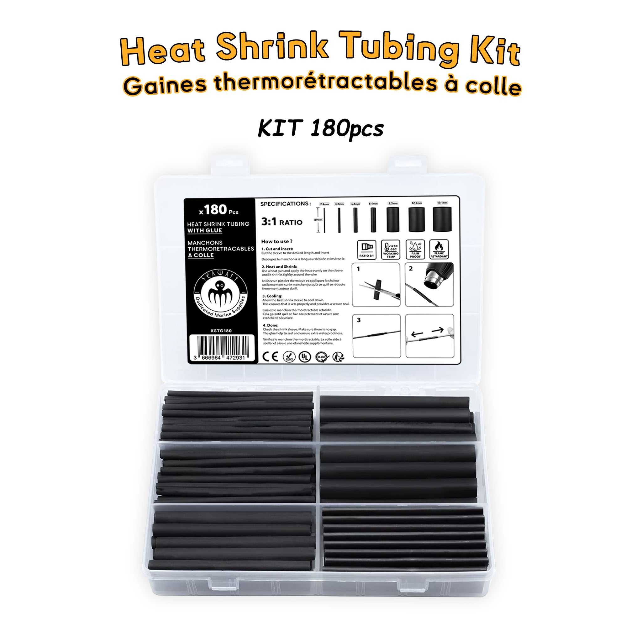 KSTG180 heat shrink tubing kit with glue, 180pcs neatly organized in a compact box, perfect for electrical connections Kit de gaines thermorétractables KSTG180 avec colle, 180 pièces soigneusement organisées dans une boîte compacte, idéal pour les connexions électriques Baywatt