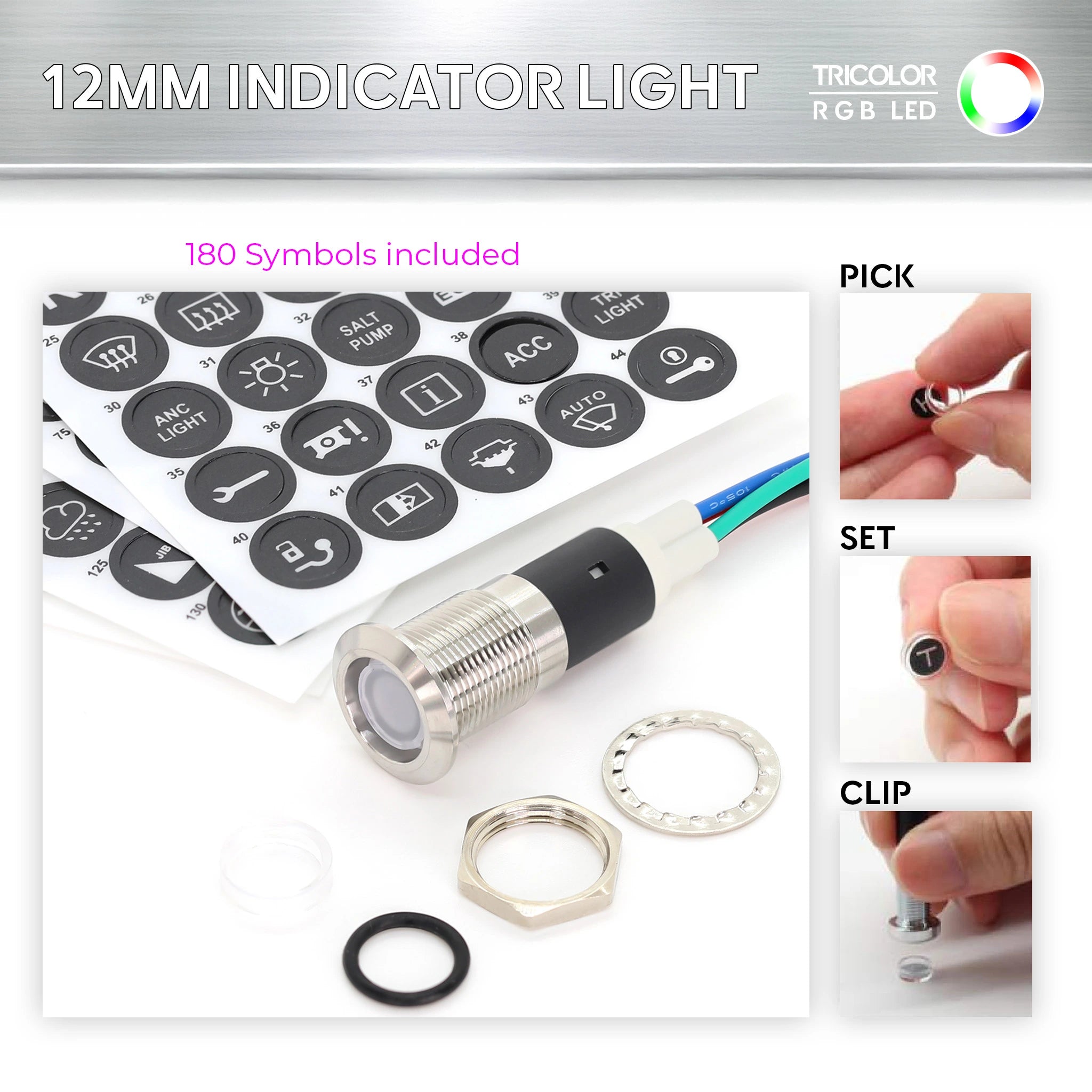 Témoin lumineux 12mm inox 316 avec 180 pictogrammes et symboles personnalisable - Étanche IP67