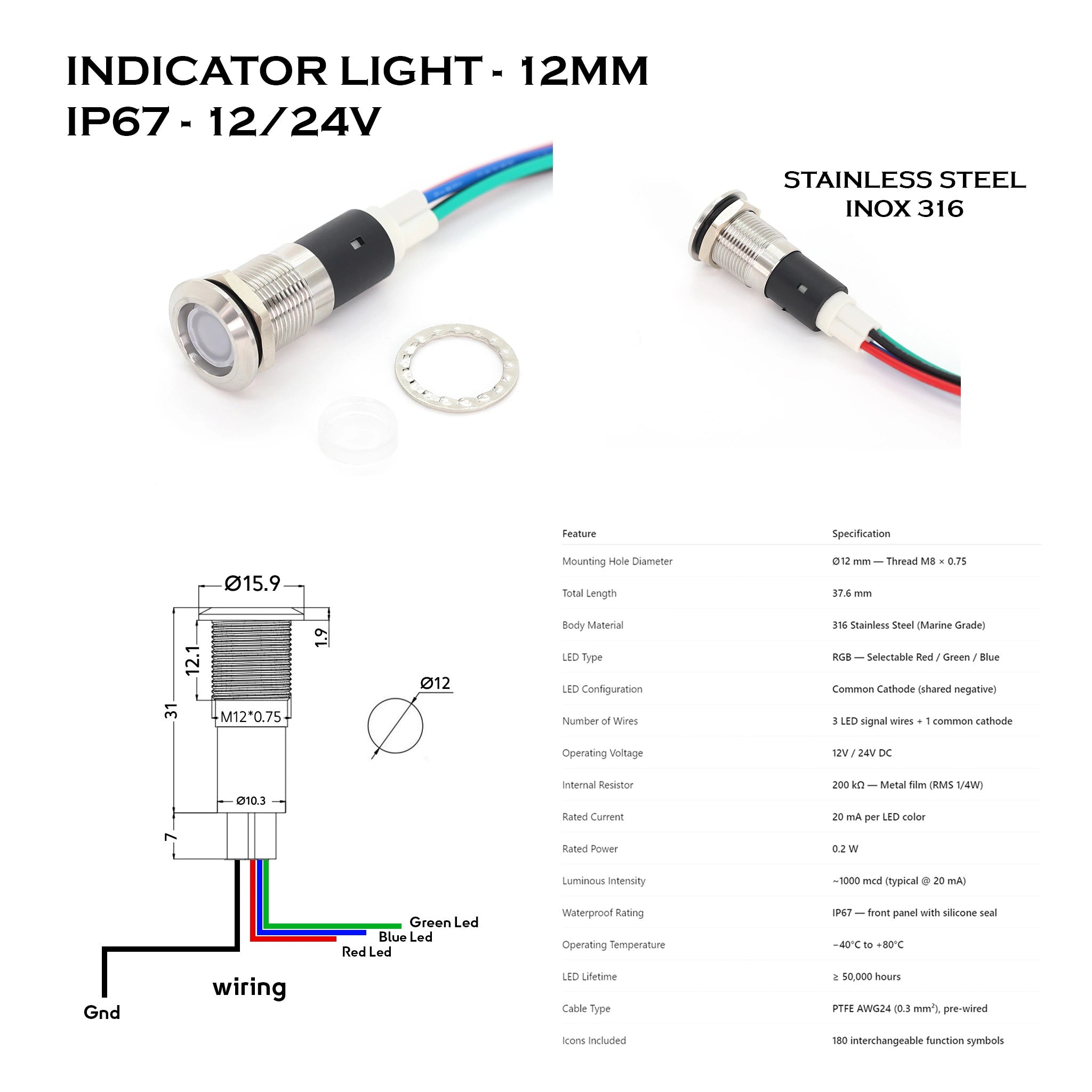 12mm Indicator Light - 12/24V stainless steel 316 - 180 symbols included