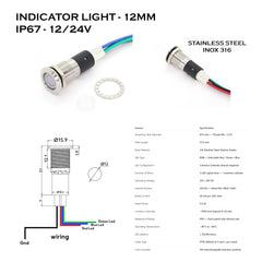 12mm Indicator Light - 12/24V stainless steel 316 - 180 symbols included