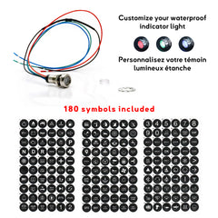 Témoin lumineux RGB 8 mm en inox 316, étanche IP67, avec câbles et 180 pictogrammes interchangeables pour tableau de bord marine.
