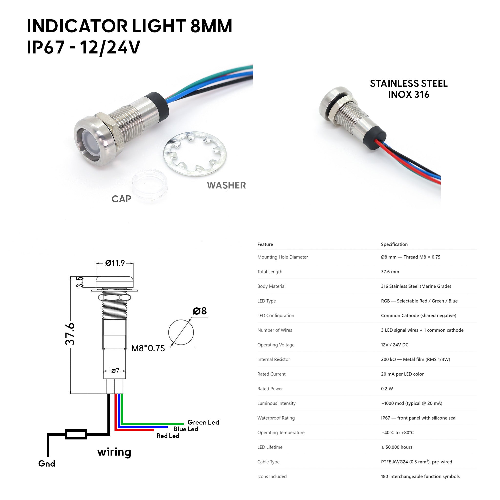 Voyant LED tricolore 12V 24V avec schéma de câblage et accessoires de montage pour bateaux et véhicules utilitaires. IP67 Etanche inox 316