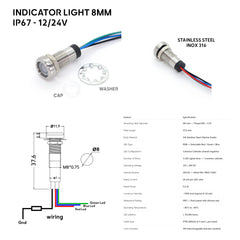 Voyant LED tricolore 12V 24V avec schéma de câblage et accessoires de montage pour bateaux et véhicules utilitaires. IP67 Etanche inox 316